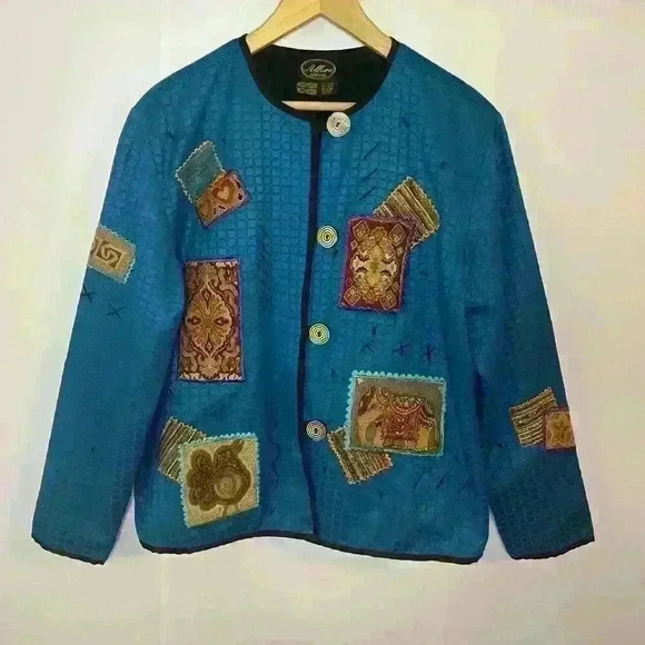 Vintage Allure Dress Jacket Womens Med Blue‎ Patchwork Boho Art To Wear Blazer - Picture 2 of 11